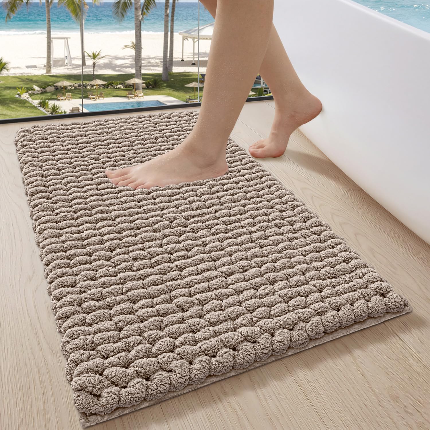 LUMI Tappetino Bagno in Chenille Morbido e Antiscivolo, Tappeto Bagno Spesso e Super Assorbente, Lavabile in Lavatrice, Asciugatura Rapida, Tappeto Doccia per Vasca e Doccia, Beige, 50x80 cm