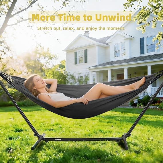 EchoSmile Double Hammock with Detachable Stand - 480 lbs Heavy Duty 2 Person Hammock Adjustable Hooks Indoor Outdoor Stand Hammock Durable Steel Frame - Charcoal Gray