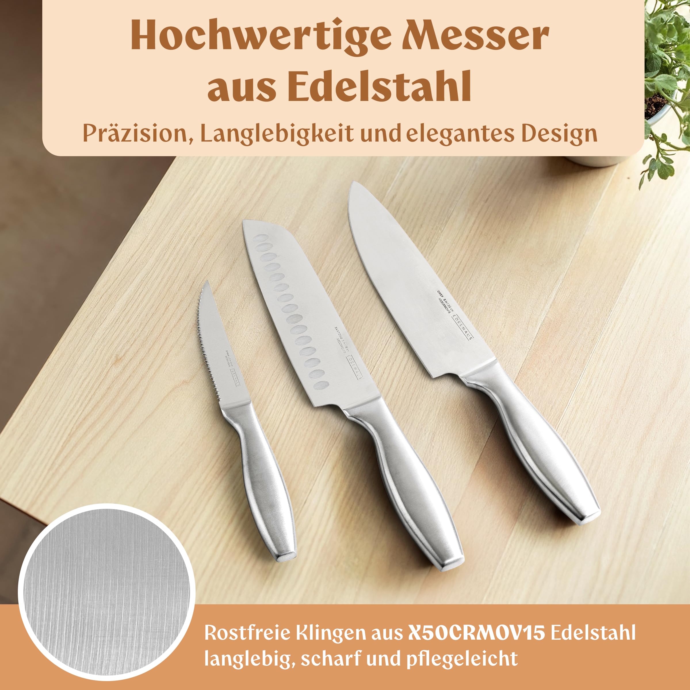 EDELHAUS Messerblock mit Messer - 9-Teiliges Profi Messerset mit Block & Integriertem Messerschärfer, Küchenmesser Set aus X50CRMOV15 Edelstahl, Edelstahlgriffe Messer Set mit Schere, Akazienholzblock