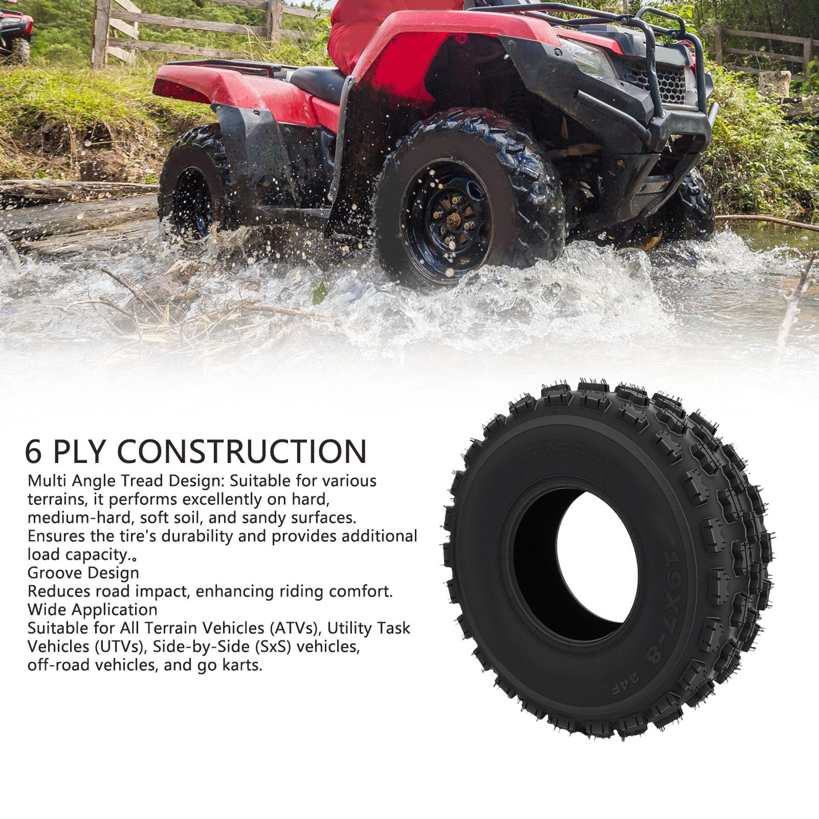SIXRUN Opona ATV 19x7 8, 6-warstwowa Bezdętkowa Opona Terenowa Terenowa z Wielokątowym Wzorem Bieżnika, do Gokarta Baja Warrior Coolster ATV UTV