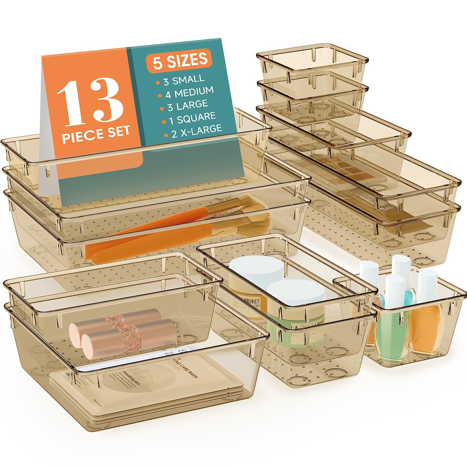 StorMiracle 13 PCS Drawer Organizer Set, 5 Varied Size Bathroom and kitchen Drawer cabinet organizer Trays, Clear Storage Bins for Makeup, Jewelry, Utensils and Gadgets, Champagne