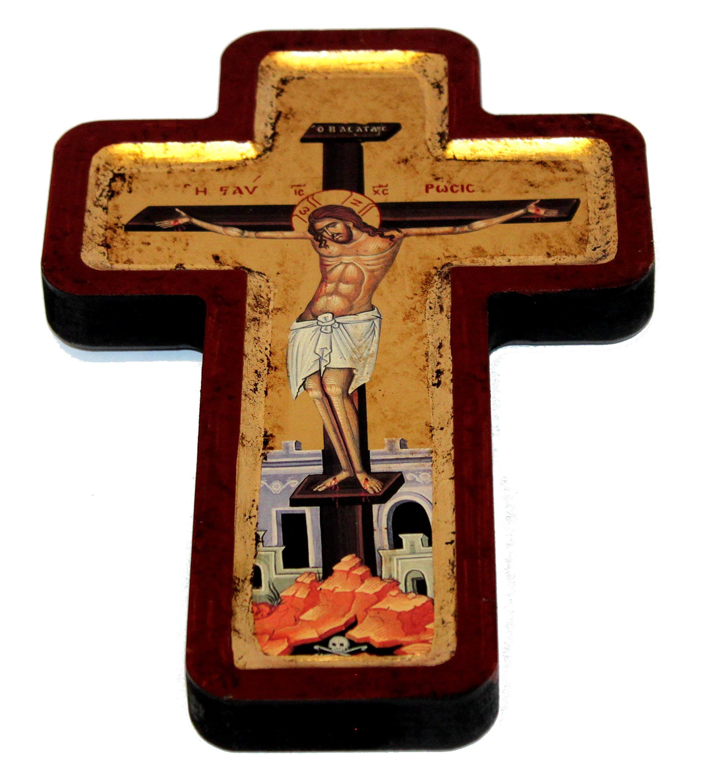 Holy Land Market Crucifixion Cross Icon with Sheets of Gold (Lithography) (9.5 x 6 inches)