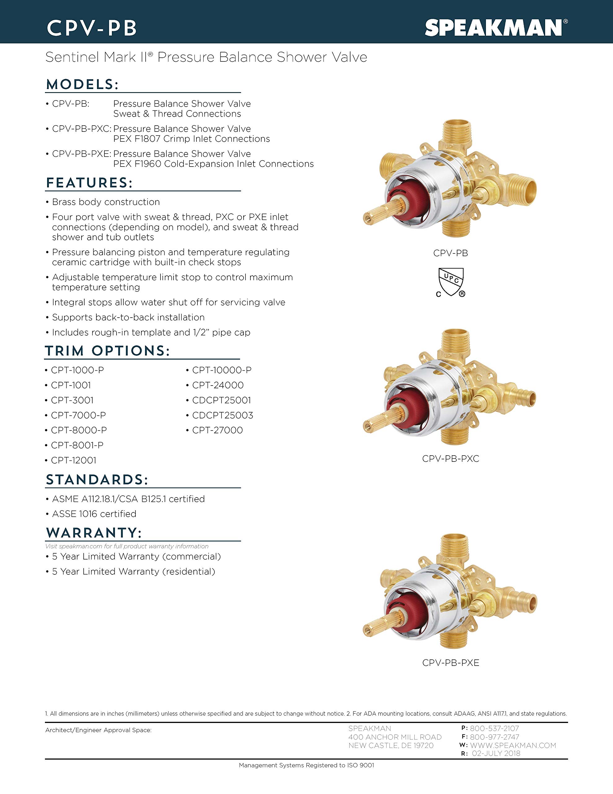 Speakman, CPV-PB-PXC, Sentinel Mark II Pressure Balancing Shower