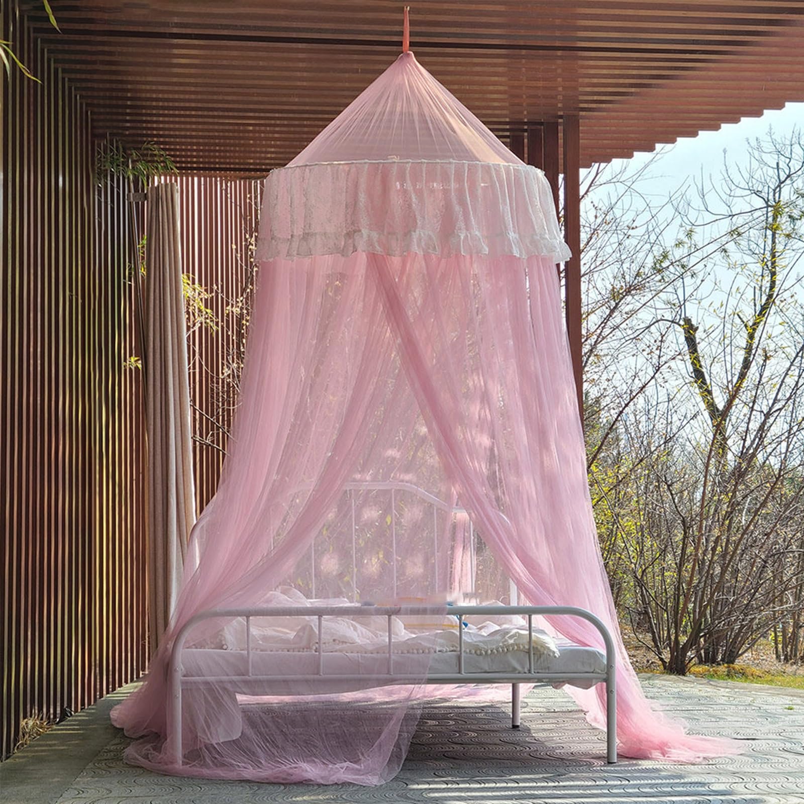 SARKEY Prinzessinnen Betthimmel,Luxuriöse Spitze,Atmungsaktives Mesh Zelt Bett Vorhang,Feines Durchsichtiges Netz,Kuppelbetthimmel,Hochzeit,Schlafzimmer,Dekoration(Light pink)