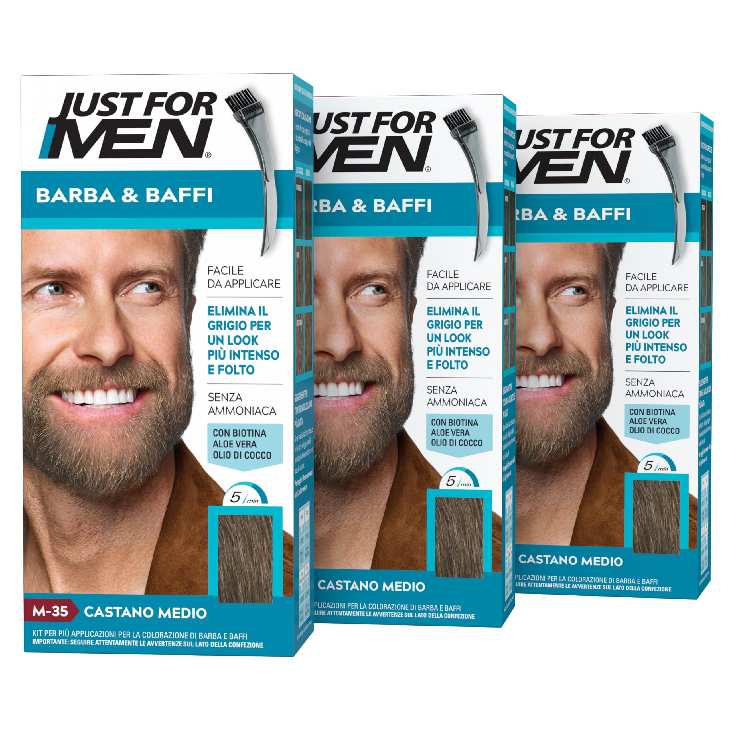 Just for Men Barbe & Moustache, Teinture pour barbe homme, couleur châtaigne moyenne, élimination des poils gris, avec peigne applicateur - M35 (3 Pack)