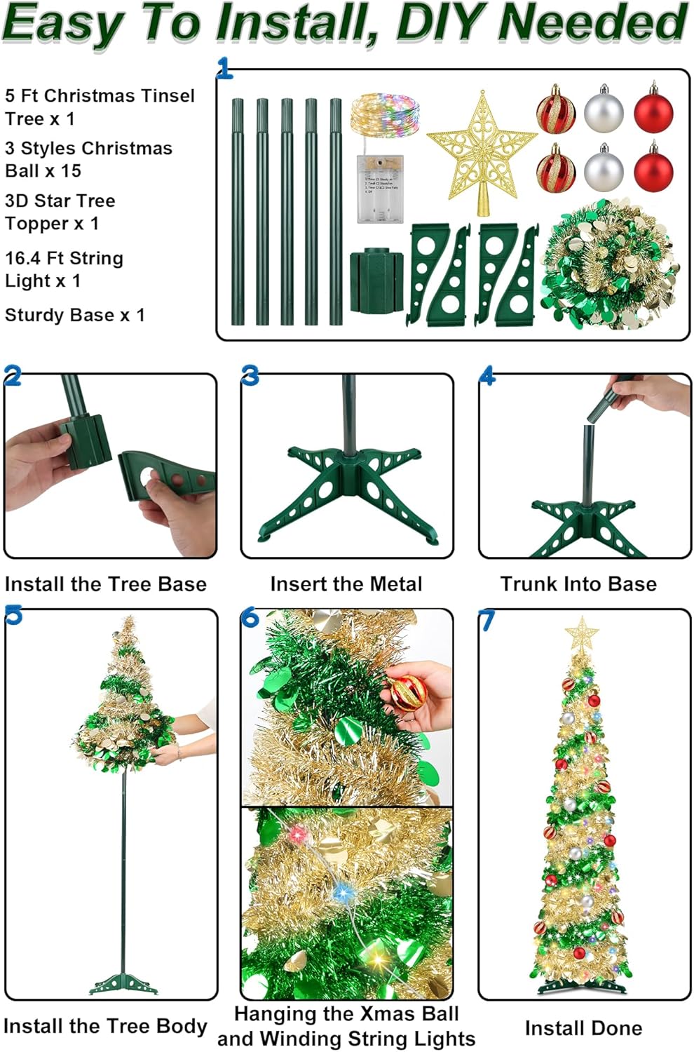 5 Feet Pop Up Christmas Tinsel Tree with Timer Warm White & Multi Color Change Lights Battery Operated Pop Up Pencil Tree with 15 Ball Ornaments & Star Xmas Decor for Home Indoor Holiday Party (Gold)