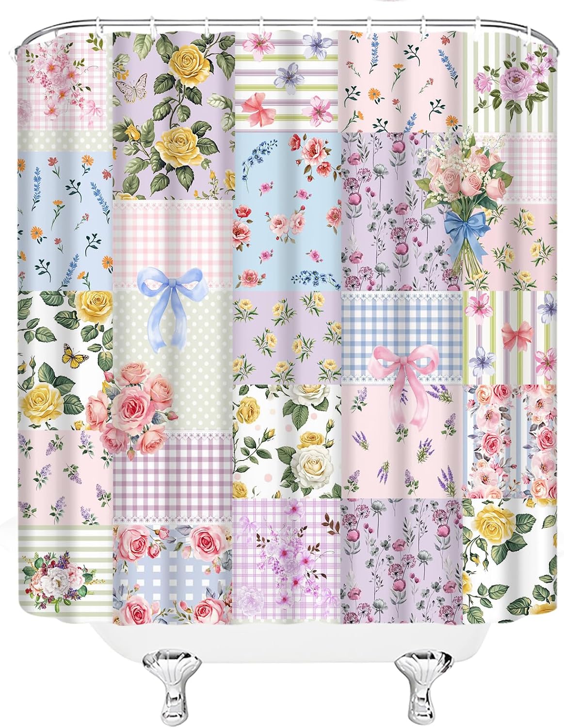 Boho Patchwork Shower Curtain Purple Floral Plaid Colorful Flower with Bow Rustic Polyester Bathroom Decor with Hook,70" Wx70 H image 4
