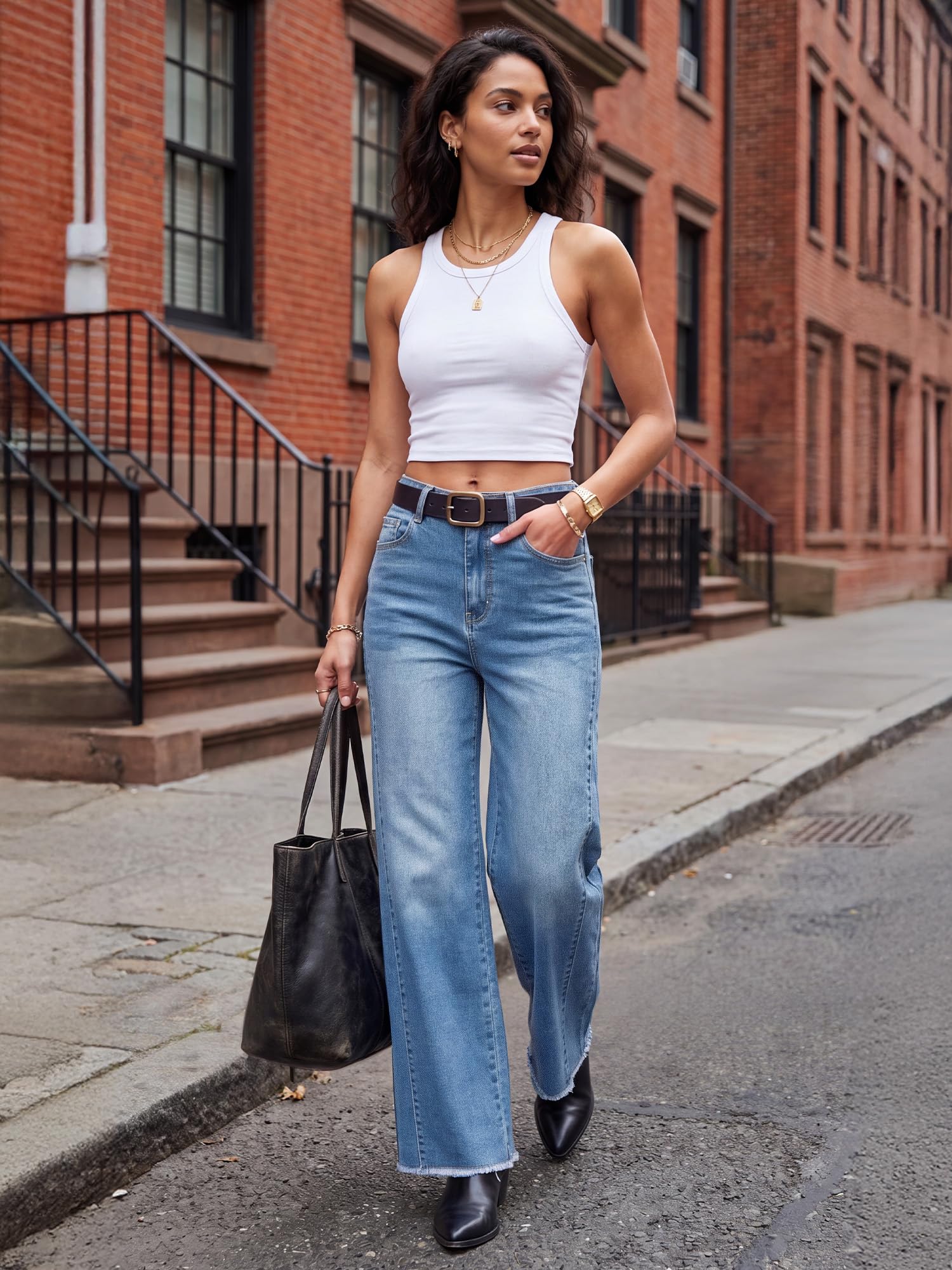 Baggy Jeans Damen High Waist Weites Bein Stretch Hosen Damen