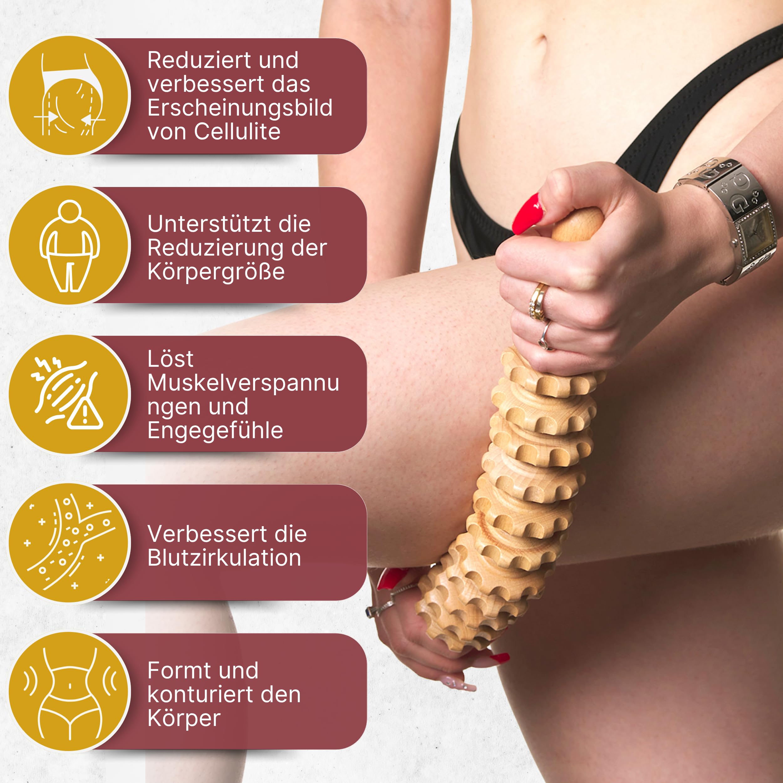 Faszienstab Holz aus Buchenholz für Körper und Cellulite. Faszienrolle Holz, Massageroller Beine, Massagegerät für Maderotherapie. Massage Roller. Inklusive Baumwolltasche