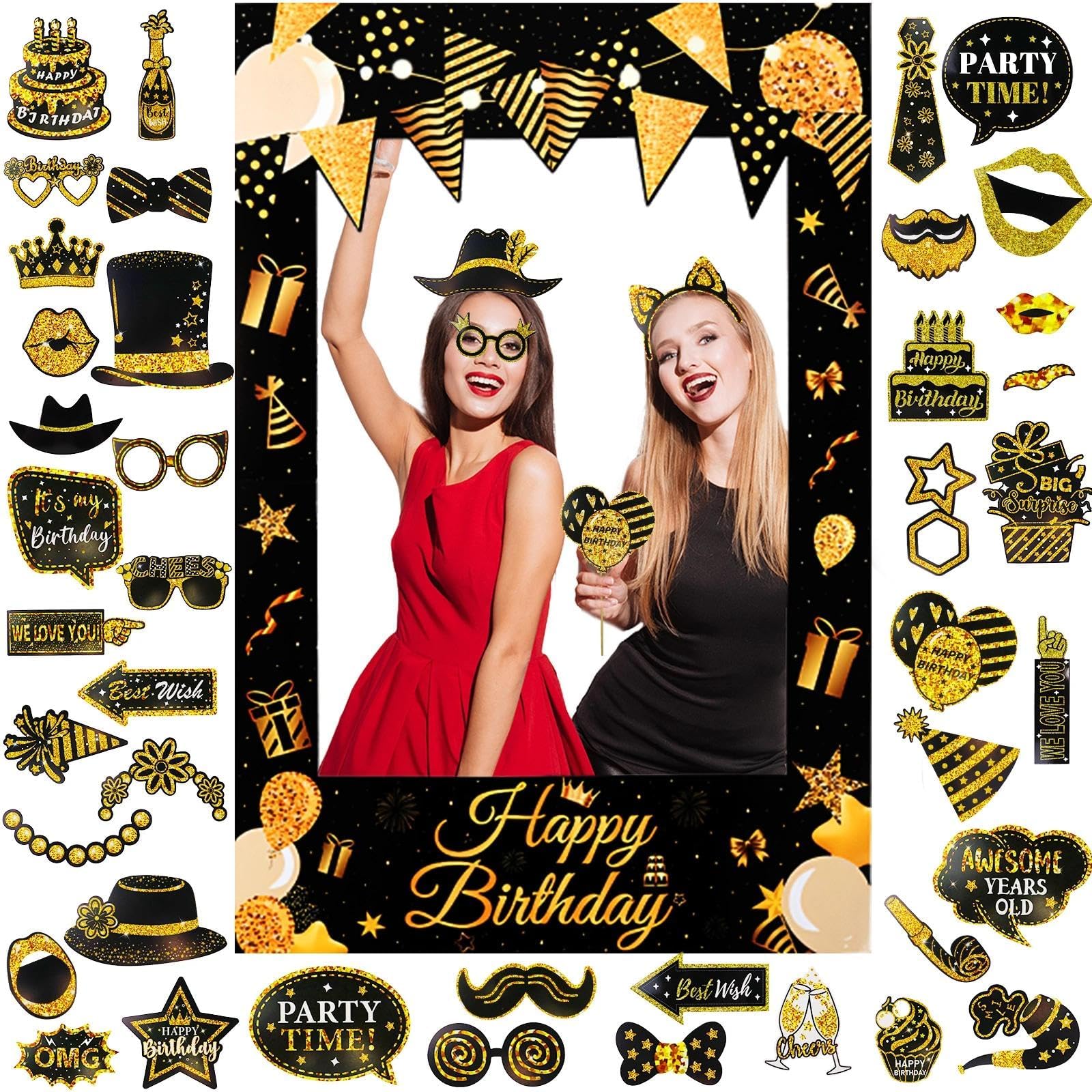 FAINCA 36 Pezzi Photo Booth Compleanno Accessori con 36 Bastoncini Photo Booth Matrimonio con Nastro Biadesivo Gadget Matrimonio Stampa Glitterata per Compleanni Natale Carnevale (Oro
