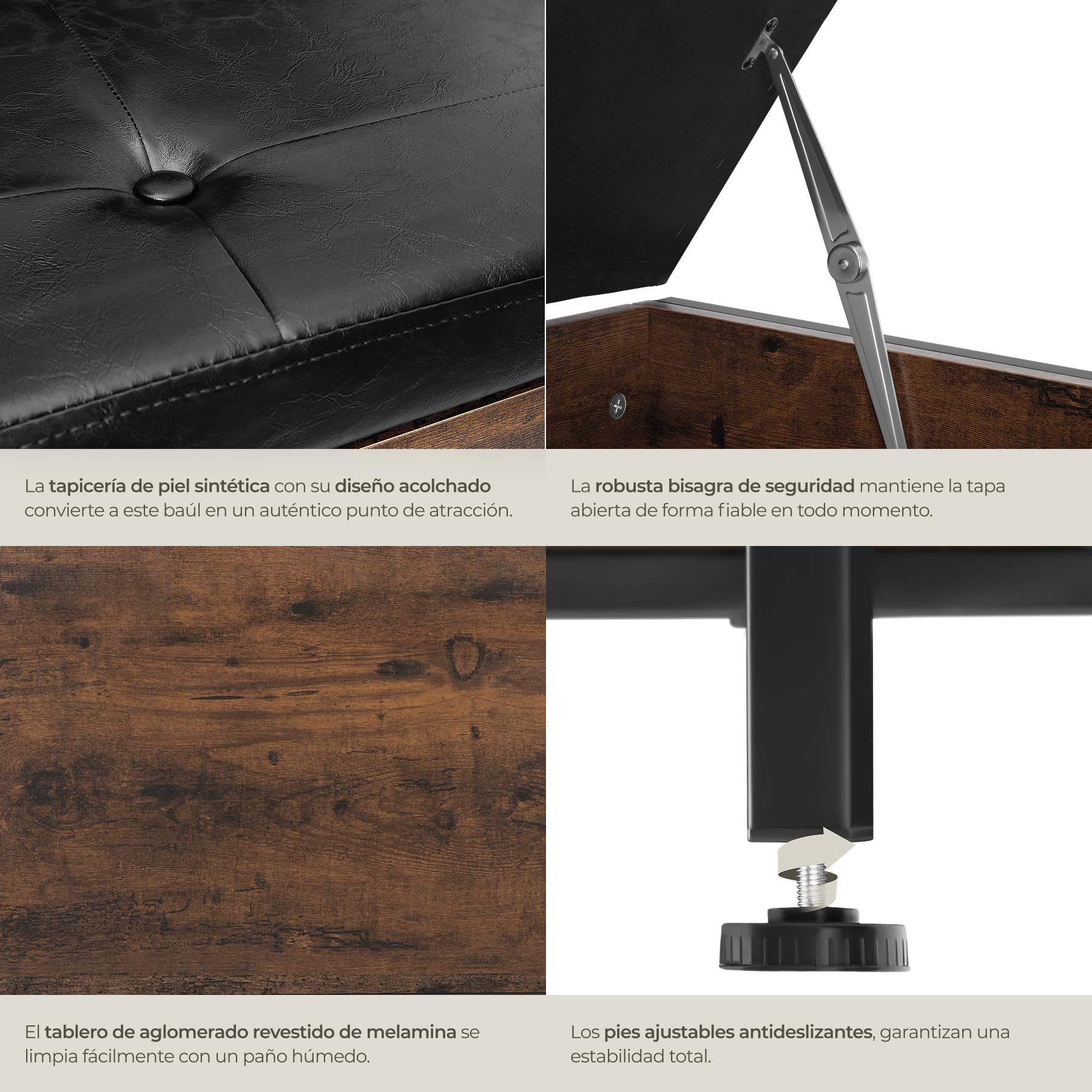 tectake® Arcon Acolchado Estilo Industrial, Puff Almacenaje, Baul Almacenaje Dormitorio, Mueble Salon, Decoracion Habitacion - 81,5 x 41,5 x 50,5 cm Madera Industrial Oscura, Rústica