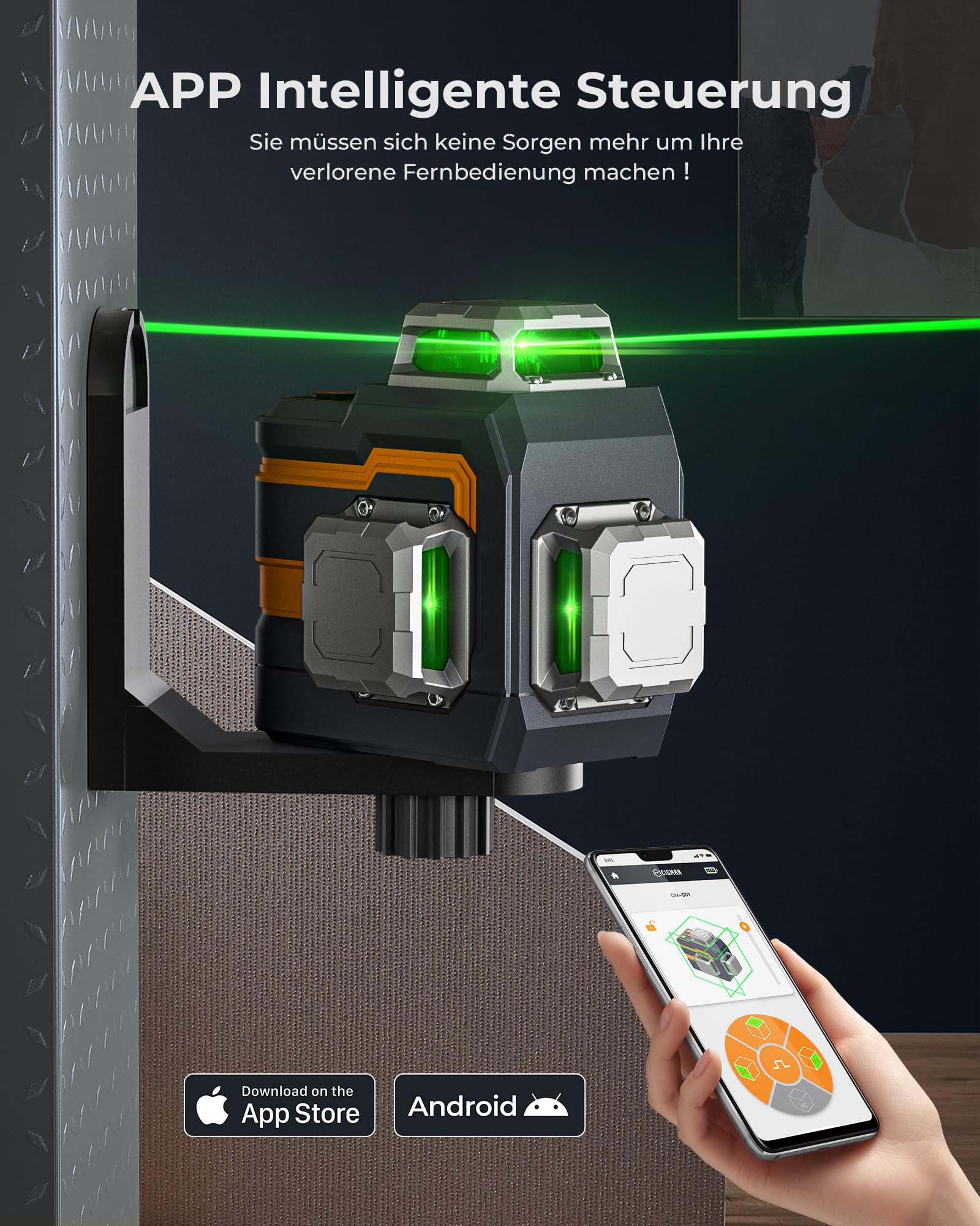 Kreuzlinienlaser, CIGMAN APP Intelligente Kontrolle 3x360 Grad Selbstnivellierend Laser Wasserwaage, mit Wiederaufladbarer Lithium-Batterie, Baulaser Kreuzlaser Grün für Innenbereich Bauste, (CM-S01)