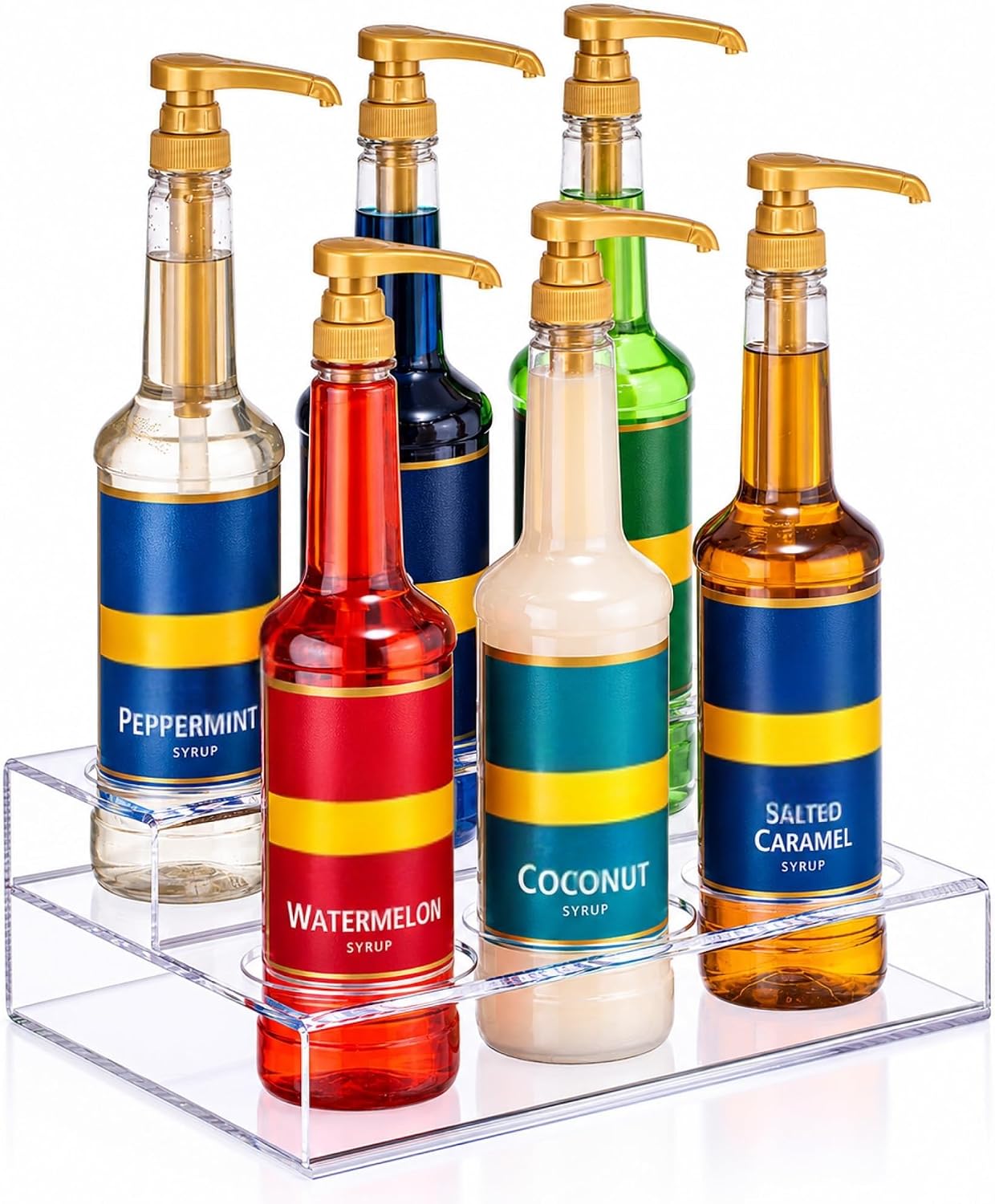 Acrylic Coffee Syrup Organizer Rack | 6 Bottle, 2 Tier Rack | Bar Counter-Top Display Stand | Kitchen, Pantry, Fridge Storage Organizer for Syrups, Wine, Soda, Beer