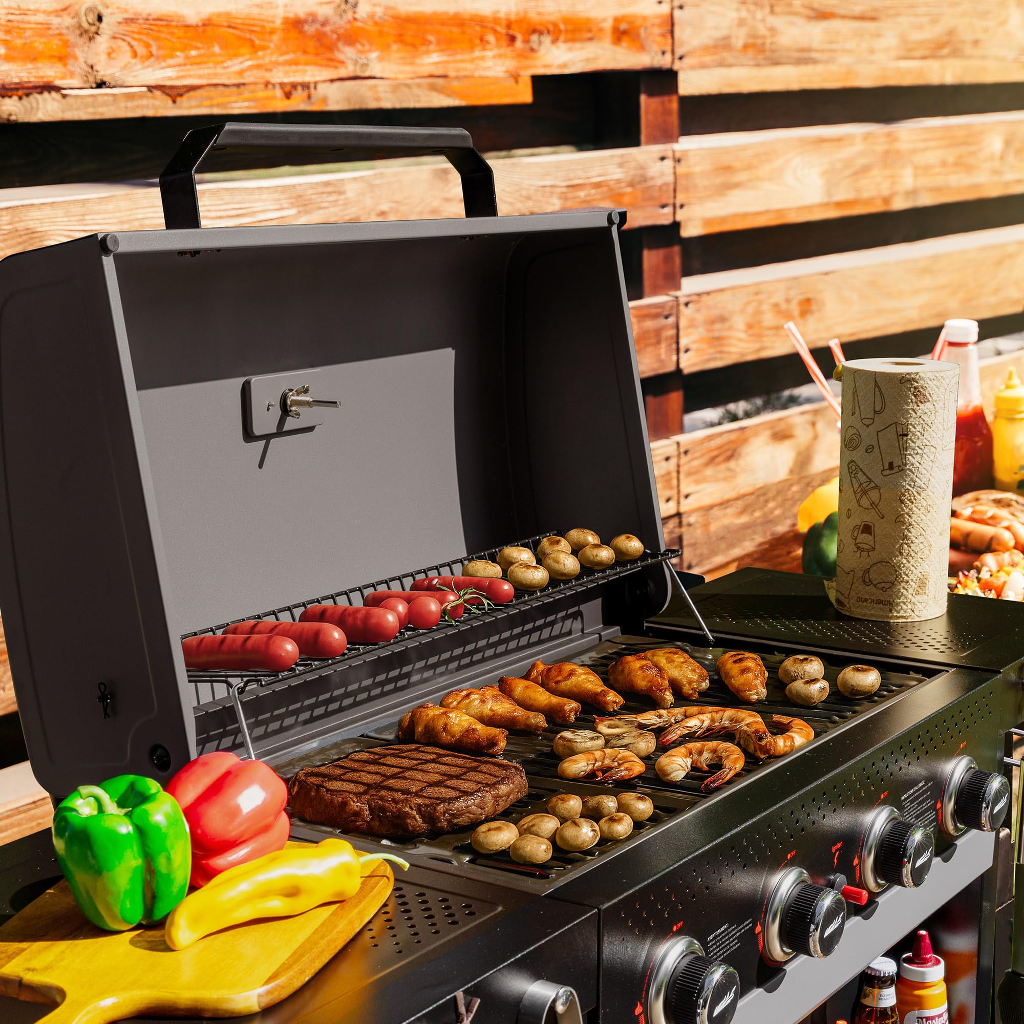 Royal Gourmet 4 Brûleurs Barbecue Gaz, Gril à Gaz sur Chariot 10 KW avec Tables Pliantes et Panier de Rangement, Noir