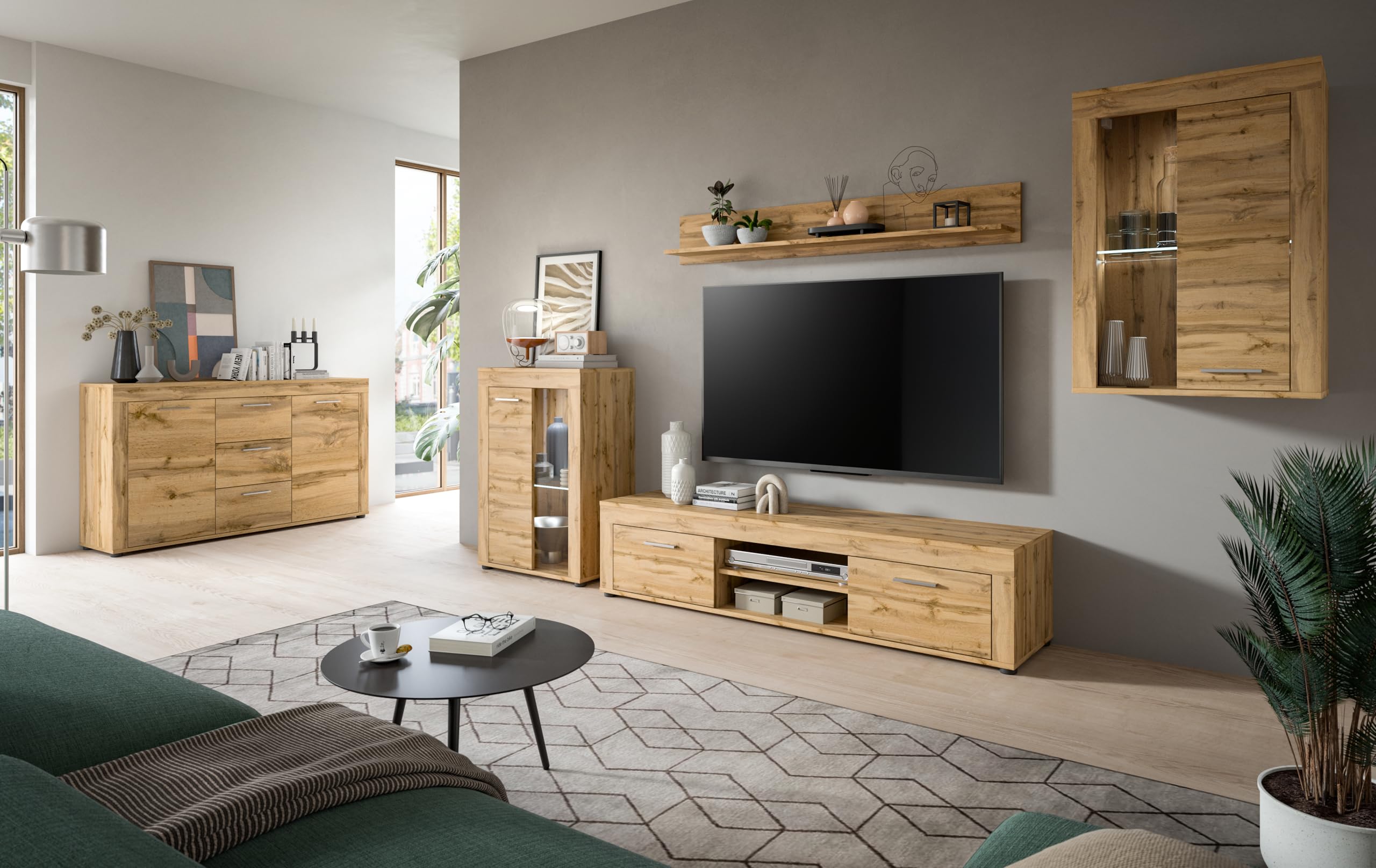 xonox.home Wohnen Jam X8BM9T40 - Vitrina de Cristal (600 x 86 x 35 cm, Madera de Roble de Wotan, melamina, 600 x 86 x 35 cm)