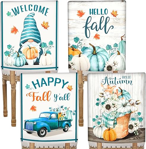Blulu 4 fundas protectoras para sillas de comedor de Acción de Gracias, calabazas blancas y azules, gnomo, decoraciones de otoño, fundas de asiento