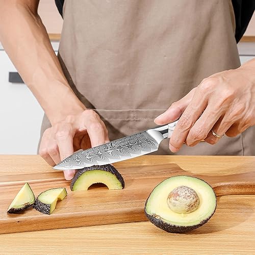Miniatura 5 de SHANGDAO Cuchillo de cocina de 5 pulgadas, cuchillos afilados para pelar frutas y verduras, acero de Damasco forjado con tinta y mango de resina de