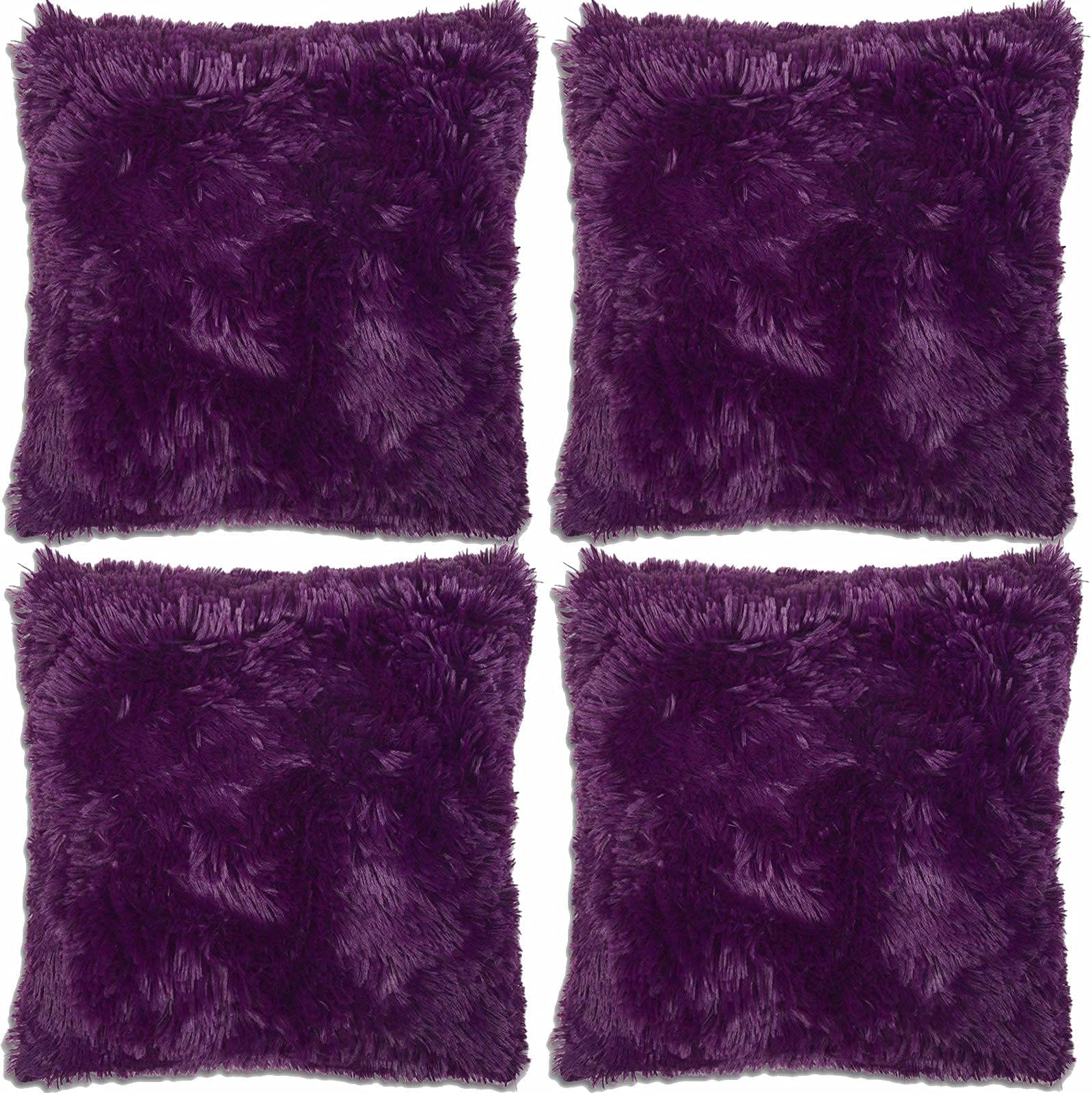 Adore 4 x Long Pile Super Soft and Cuddly Shaggy 17x17 (43x43cm) Cushion Cover, Purple