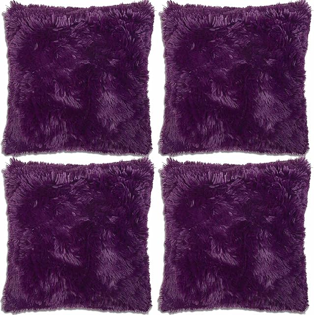 Adore 4 x Long Pile Super Soft and Cuddly Shaggy 17x17 (43x43cm) Cushion Cover, Purple