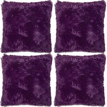 Adore 4 x Long Pile Super Soft and Cuddly Shaggy 17x17 43x43cm Cushion Cover, Purple