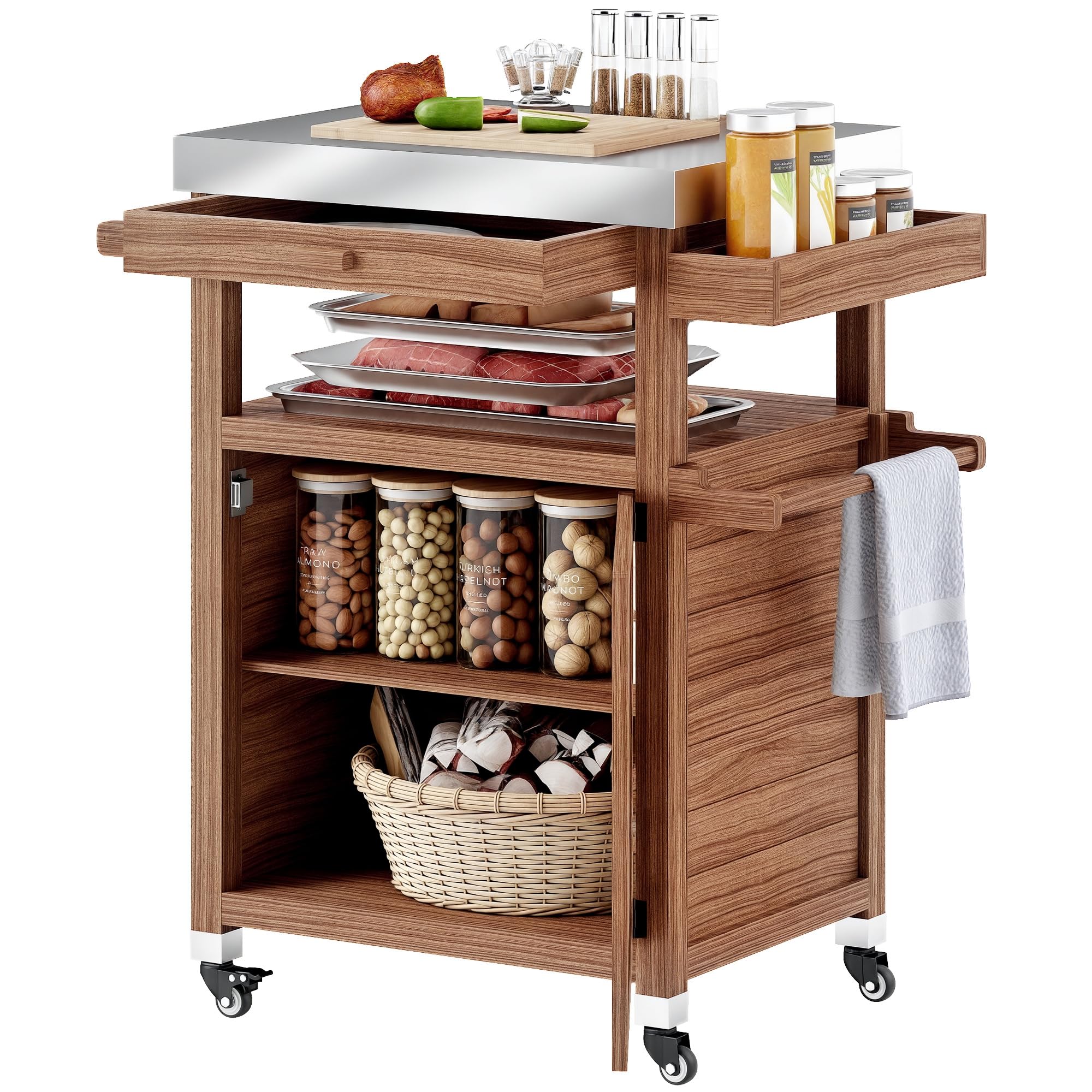 Outsunny Outdoor Grill Cart with Wheels and Storage Cabinet, Solid Wood Outdoor Kitchen Island with Stainless Steel Top, Movable Bar Cart with Drawer,