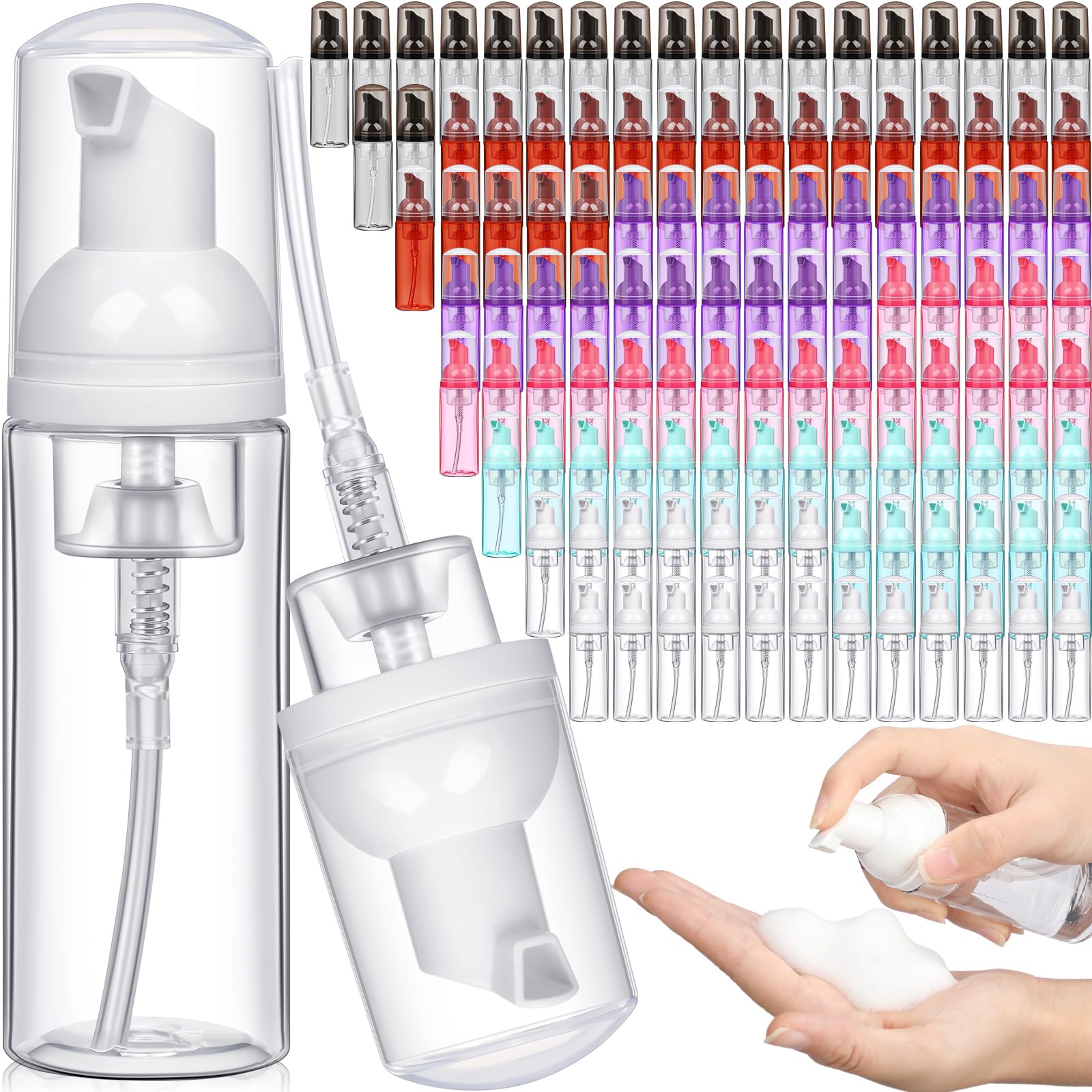 Dandat120 Pcs 2 oz Foam Bottle Plastic Foam Soap Dispensers Refillable Lash Shampoo Bottles with Pump Mini Empty Travel Foaming Bottle for Mini Eyelash Cleaning Hand Sanitizer Cosmetics (Multi Color)