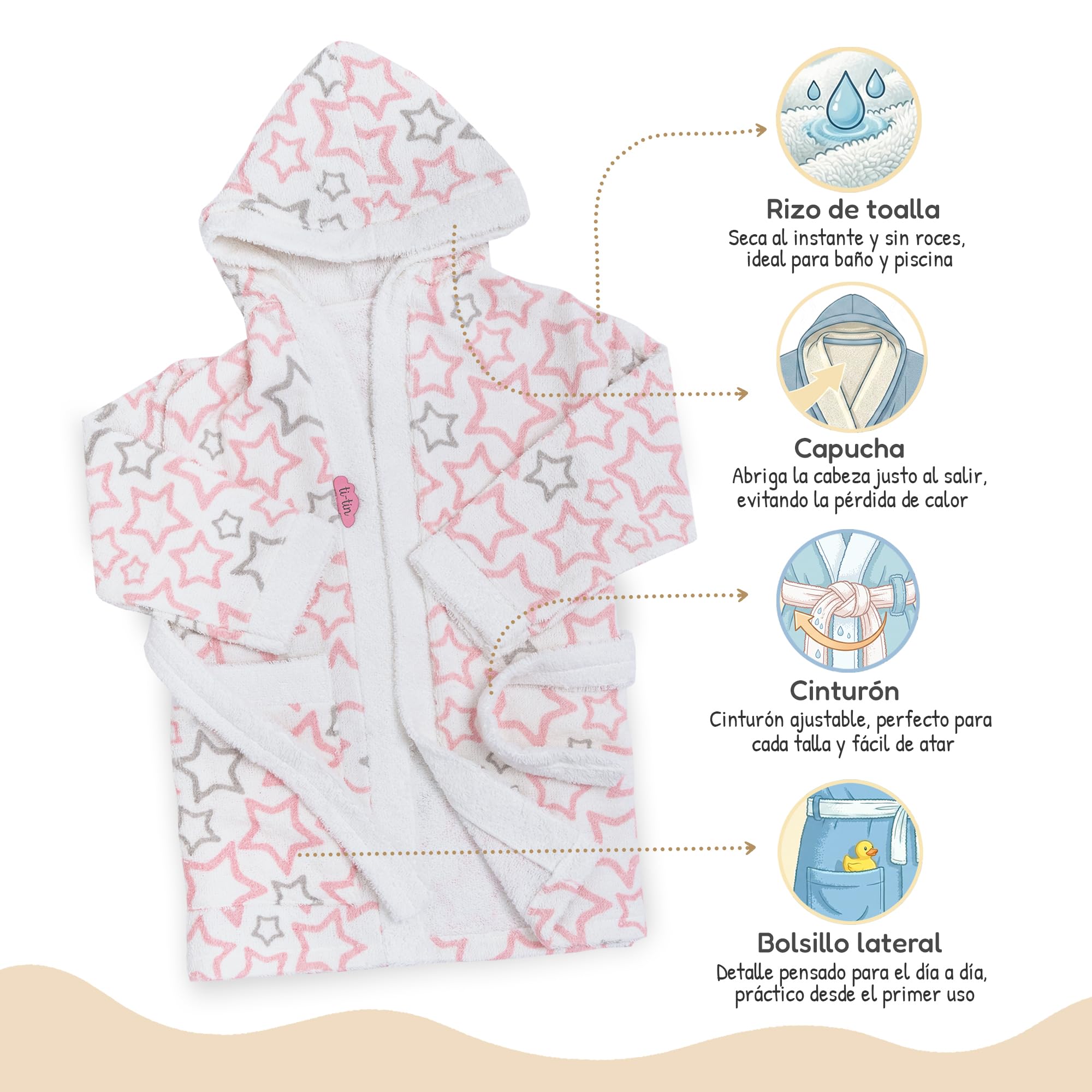 Bata de Baño Infantil con Capucha Algodón Rizo Suave Absorbente Ti TIN Albornoz Niña Niño Cinturón Bolsillo
