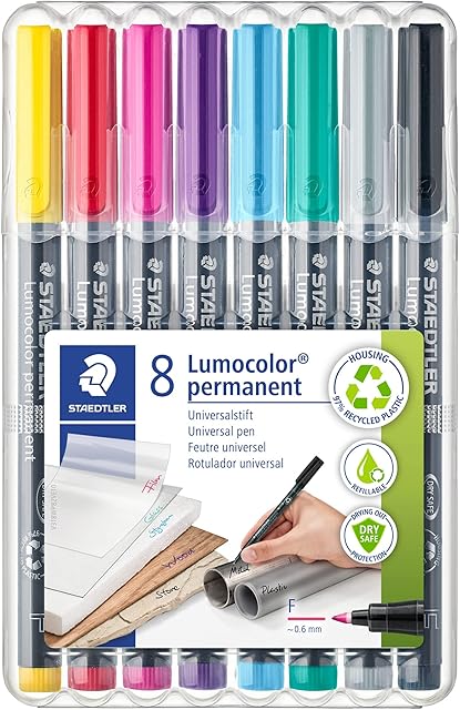STAEDTLER Lumocolor 318 WP8-2 - Stały uniwersalny znacznik (do prawie wszystkich powierzchni, wodoodporny, akumulator, szerokość obrysu 0,6 mm, 8 znaczników stałych w pudełku
