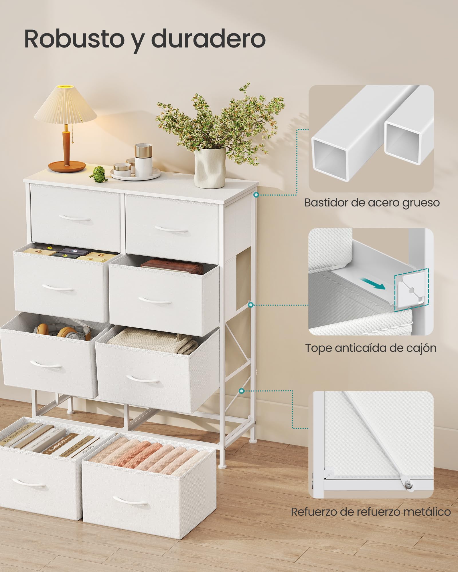 SONGMICS BELLAH Colección - Cómoda, 8 Cajones de Tela, Acero, MDF, Tela no Tejida, para Dormitorio, Armario, Pasillo, Salón, Blanco Nube y Blanco Nieve LGS124WH01