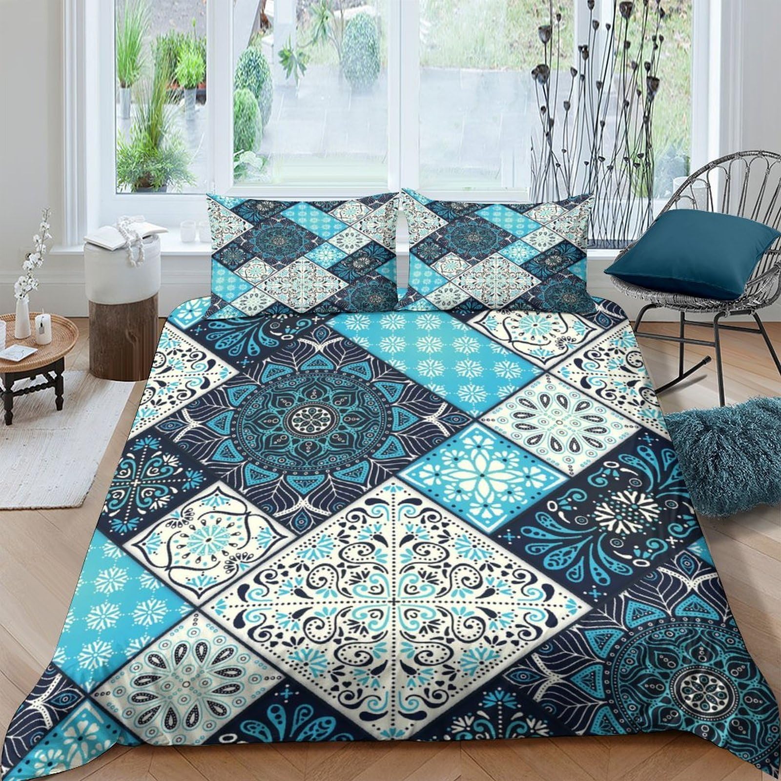 Ctjqhvkz Style-2 3D Printed Blue Mosaic Pattern Fitted Sheet Microfiber Soft Anti-Slip Bed Cover For Bedroom Guestroom Mattress Decor Single（135X200cm）