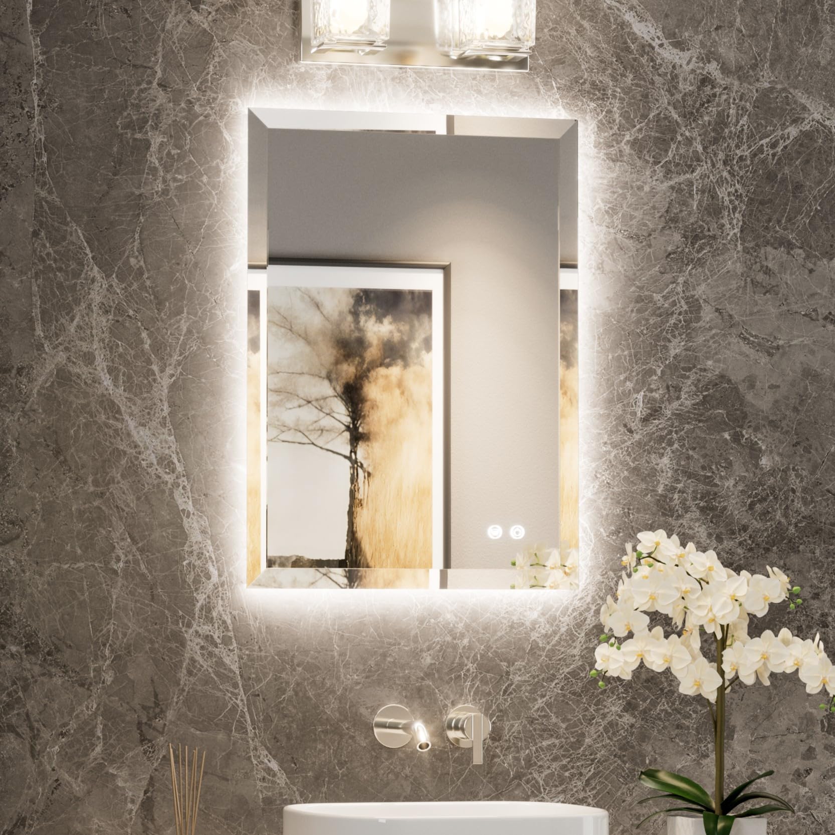 Miroir de salle de bain biseauté sans cadre avec rendu pro CRI90+