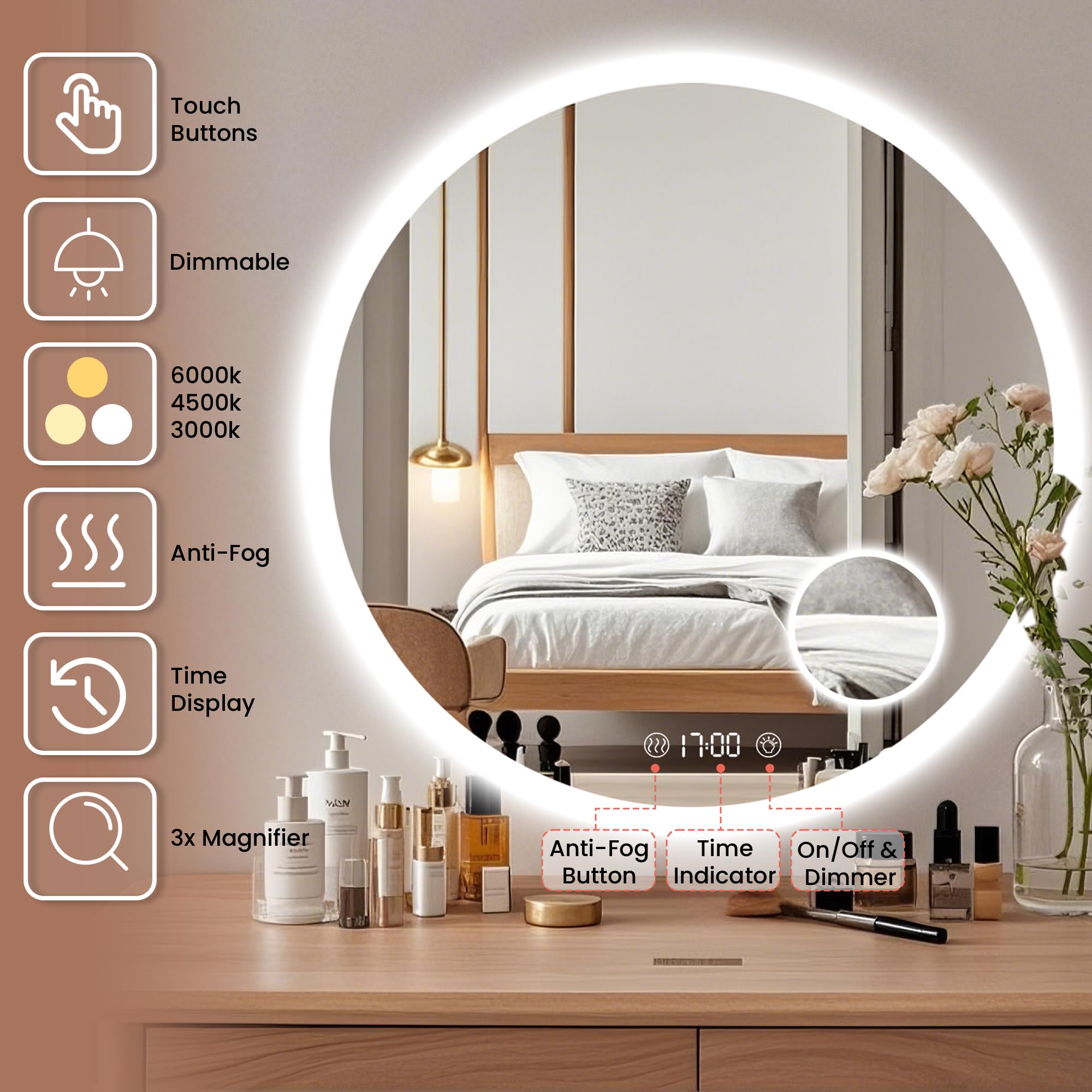 Specchio da Bagno a LED Rotondo, 70x70 cm, con Illuminazione Dimmerabile, Interruttore Touch e Funzione Anti-Appannamento, Specchio bagno con luce Bianco Caldo/Bianco Freddo/Neutro