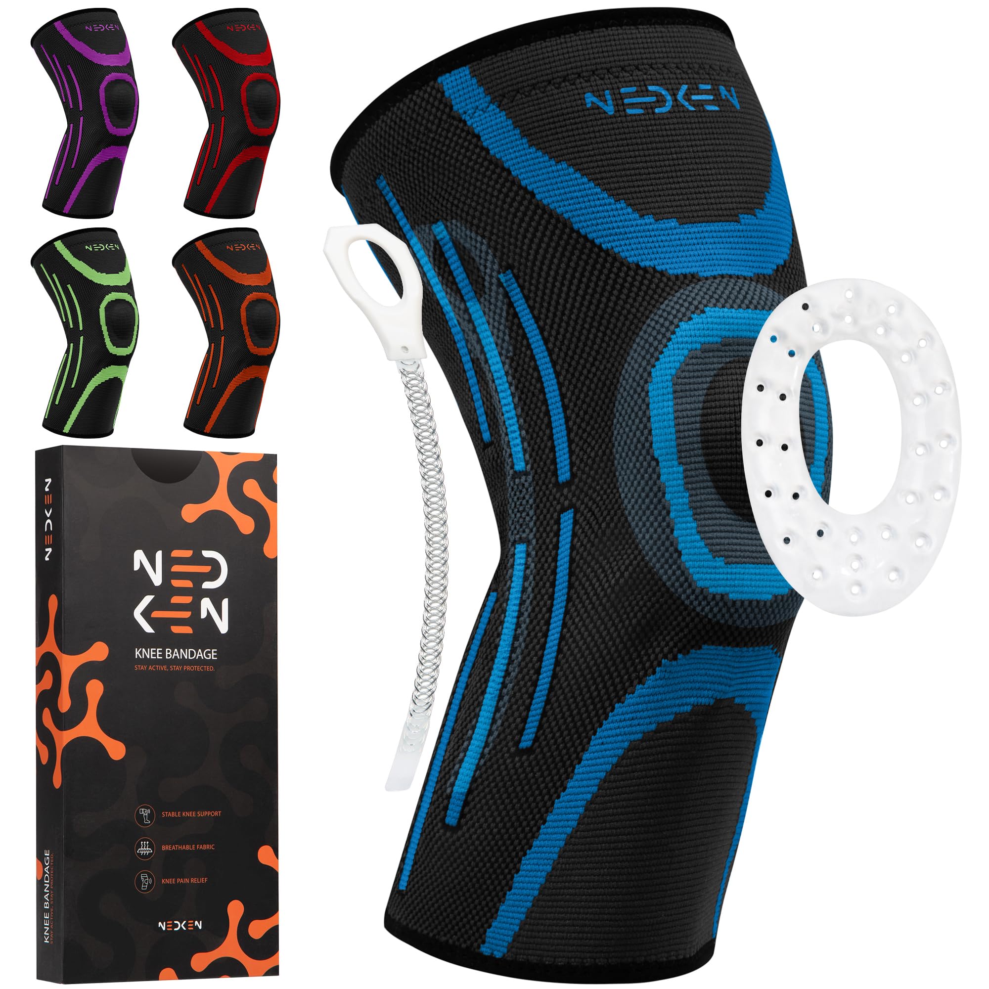 Genouillère – Genouillère de Compression, Orthèse de Soutien et Stabilisateur Ligamentaire pour le Sport, Genou, Ménisque, Douleur au Genou, Articulaire (Bleu, L)
