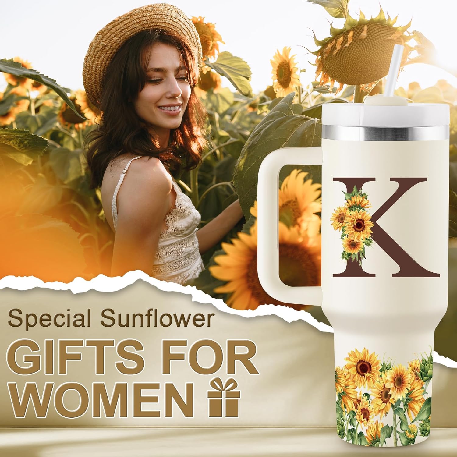 Sunflower Gifts for Women - Monogrammed 40 oz Tumbler with Handle & Straw - Christmas Personalized Gifts for Women, Monogrammed Gift for Mom, Wife, Sister, Friend - Initial Sunflower Tumbler Cup - Image 2