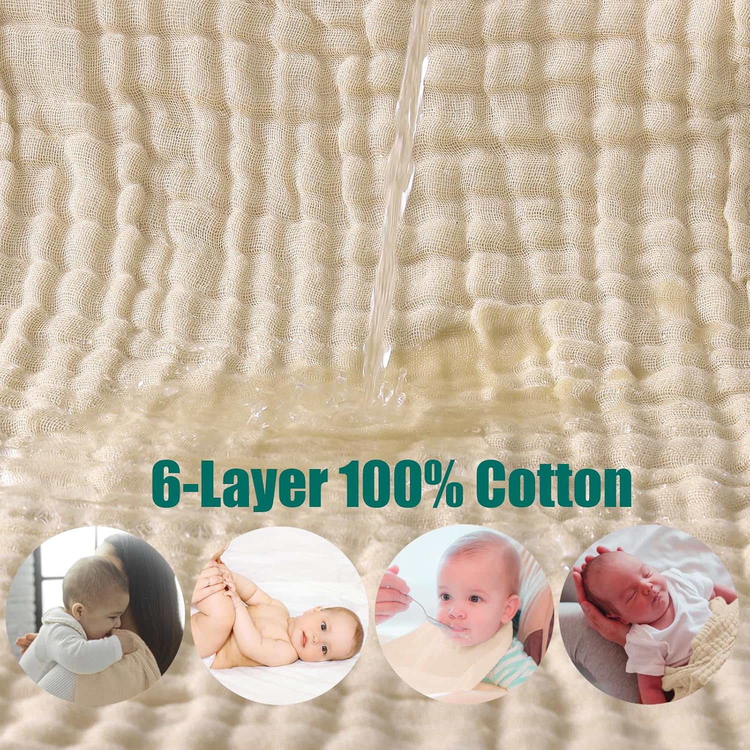 Muslin Burp Cloths 5 Pack Large 20x12 inches Baby Burping Cloths, 6-Layer 100% Cotton for Newborn Boys Girls, Ultra Soft & Absorbent （Apricot Color） - Image 3