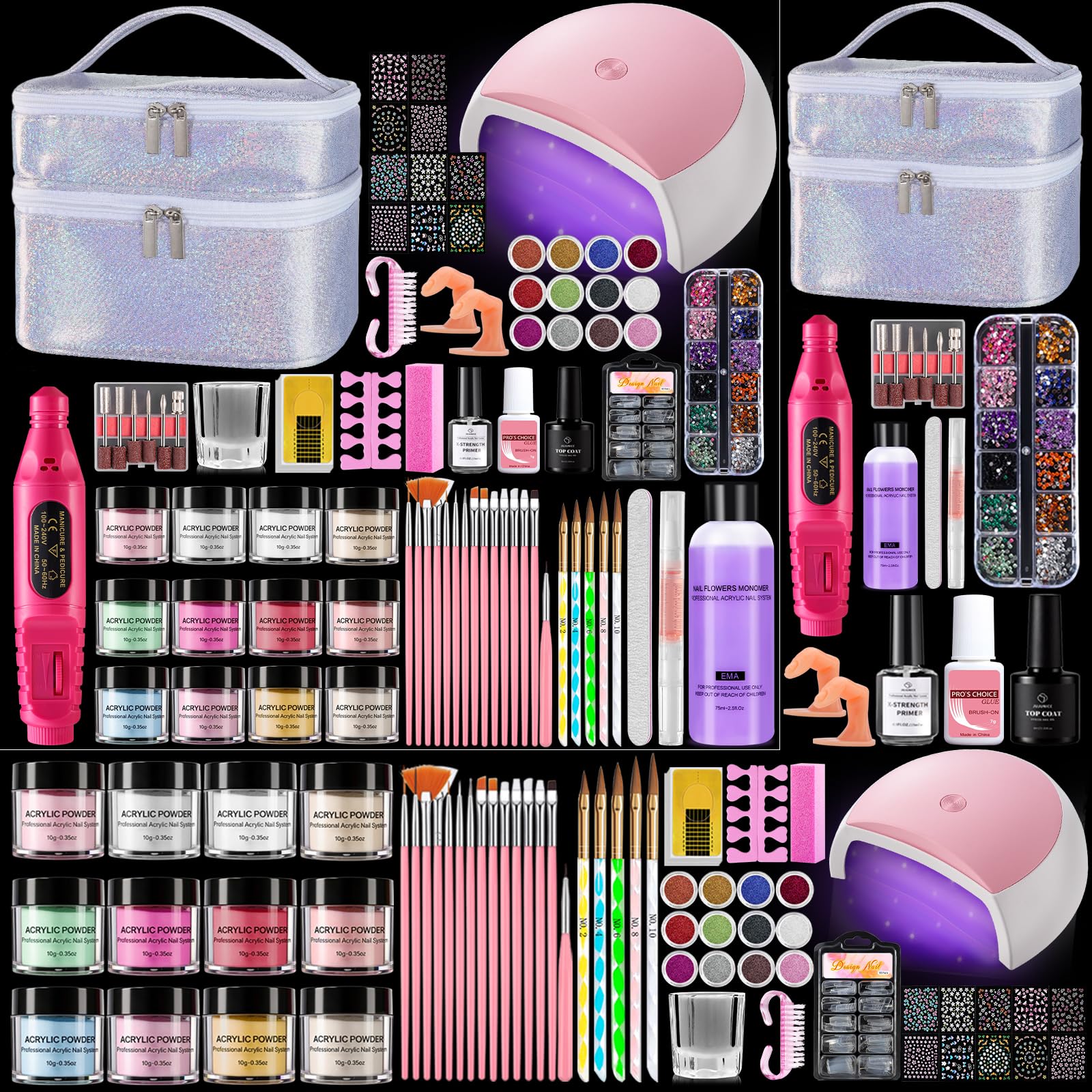 Kit de Uñas Acrílicas para Principiantes Completo: 12 Colores Acrilico Para Uñas con Dedo de Práctica Taladro Lámpara UV - Kit Uñas Semipermanentes Extensión Manicuracon Bolsa Glitter