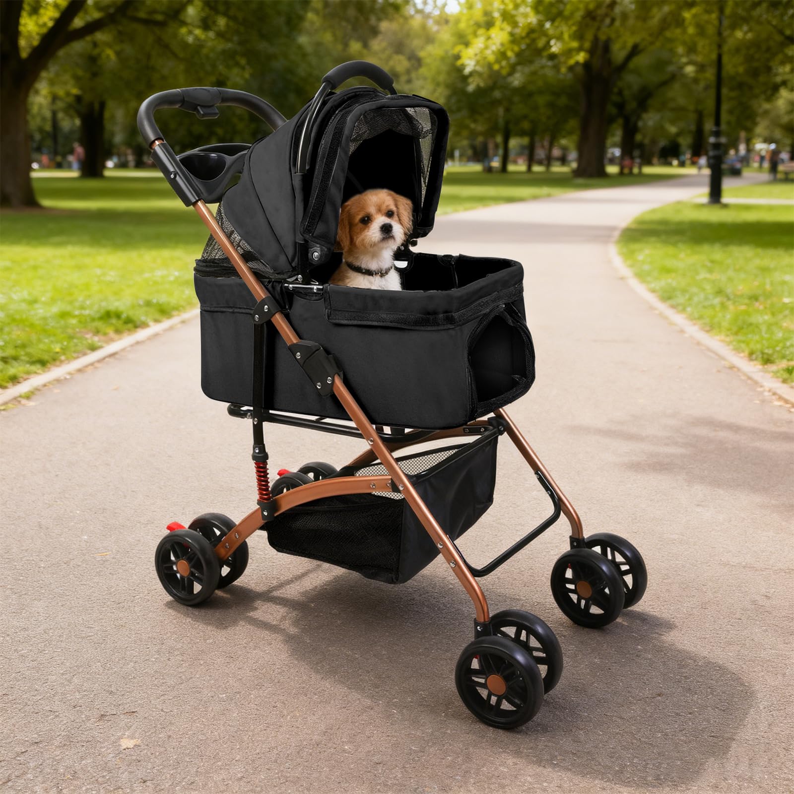 Hundewagen 3 in 1 Faltbarer Hundebuggy, Hundewagen, Kinderwagen für kleine Hunde, Katzen, Abnehmbarer Korb, Tragbarer Kinderwagen, Netzfenster, Oxfordstoff, Bis 20kg (Schwarz)
