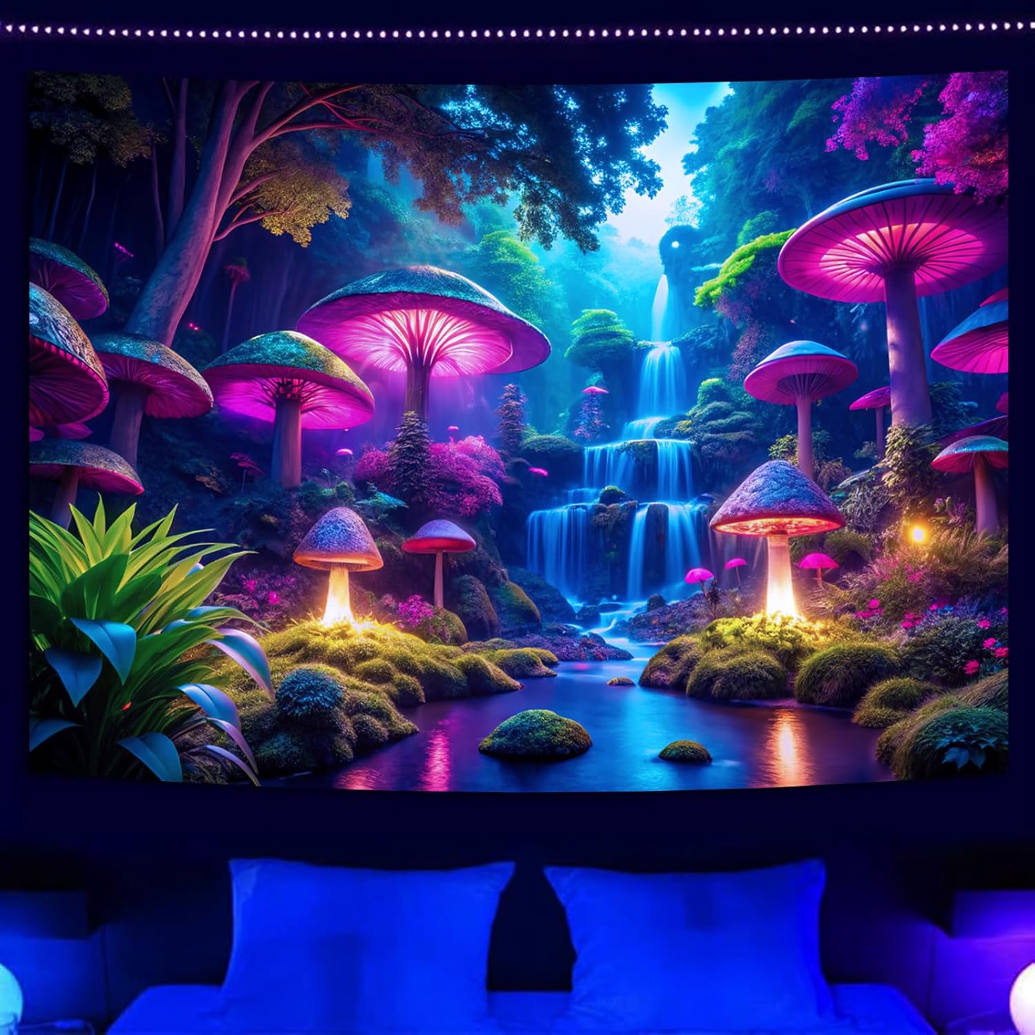 Miytal Blacklight Fantasy Mushroom Waterfall Tapestry – UV Reactive Neon Forest Wall Hanging, Glow in the Dark Nature Art Décor for Bedroom, Living Room - 94.5" x 126"