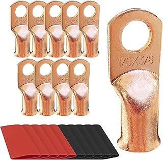 1/0 AWG-3/8 リングバッテリーラグ 銅ラグ バッテリーケーブルエンド チューブリング端子 圧着ワイヤリングラグ バッテリーターミナルコネクタ 熱収縮チューブ付き 10 1/0 Awg - 3/8インチ (M10) リング 10個