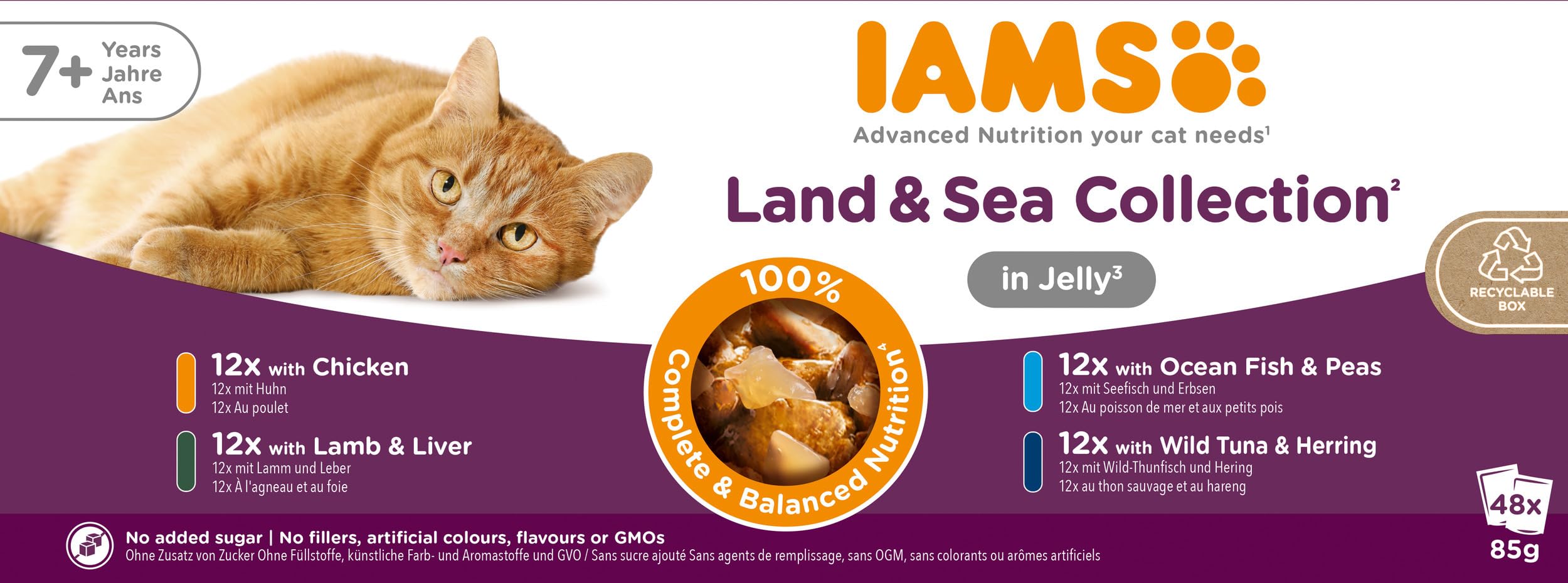 IAMS Delights Land & Sea Collection Senior Katzenfutter Nass - Multipack mit Fleisch und Fisch Sorten in Gelee, Nassfutter für ältere Katzen ab 7 Jahre, 48 x 85 g