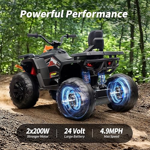 Miniatura 5 de ATV para niños de 4 ruedas, auto de juguete de 24 V para niños grandes con motor de 400 W, 2 plazas, naranja