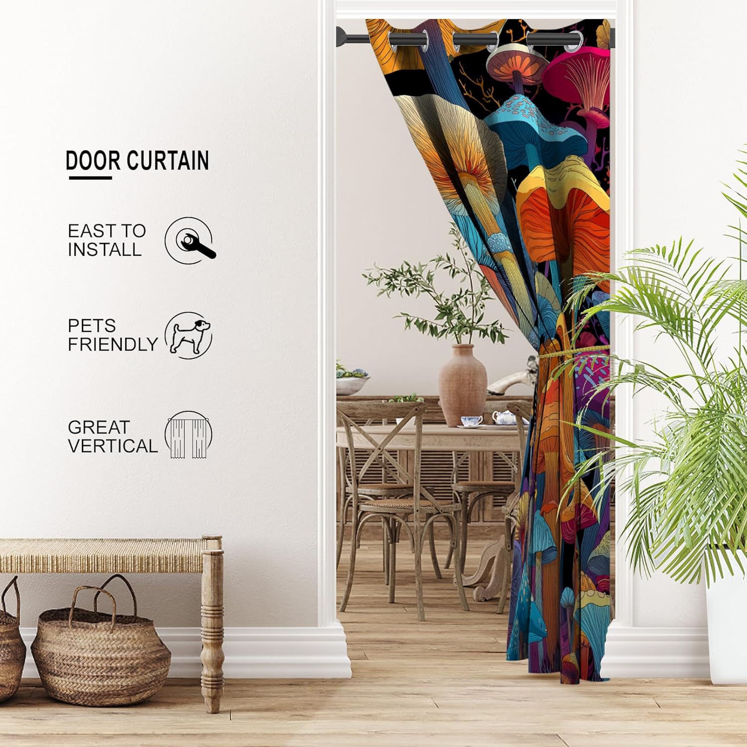 Mushroom Door Curtains for Doorways, Fantasy Trippy Boho Fairy Forest.png Blackout Curtain for Kids Bedroom Closet, Grommet Thermal Insulated Privacy Door Drapes for Room Divider, 52" W x 80" L