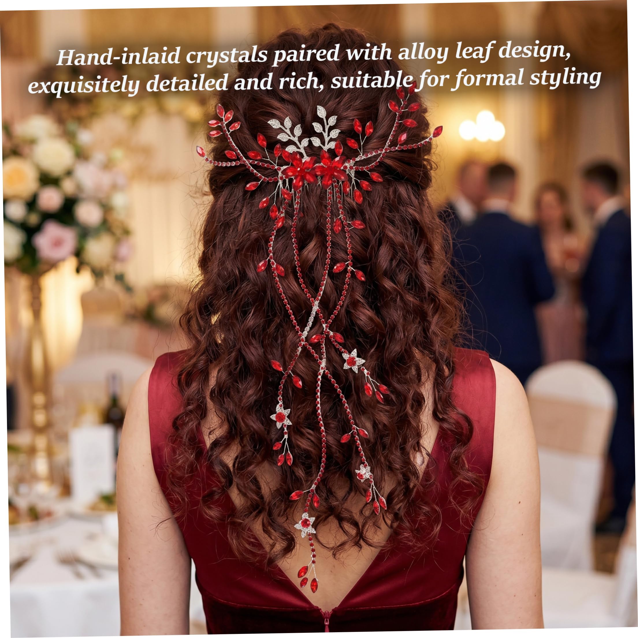 Copricapo da sposa per matrimonio, pettine per capelli con strass con foglia e nappa Accessori per capelli da sposa in lega fatta a mano per festa di ballo, rosso, copricapo per la