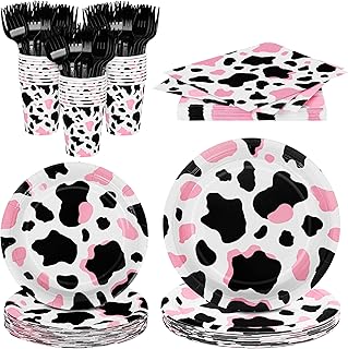 durony 144 Pieces Pink Cow Print Party Tableware Set Including Cowgirl Pink Cow Party Plates Cups Napkins Forks Serves 24 for Baby Shower Farm Cow Party Decorations