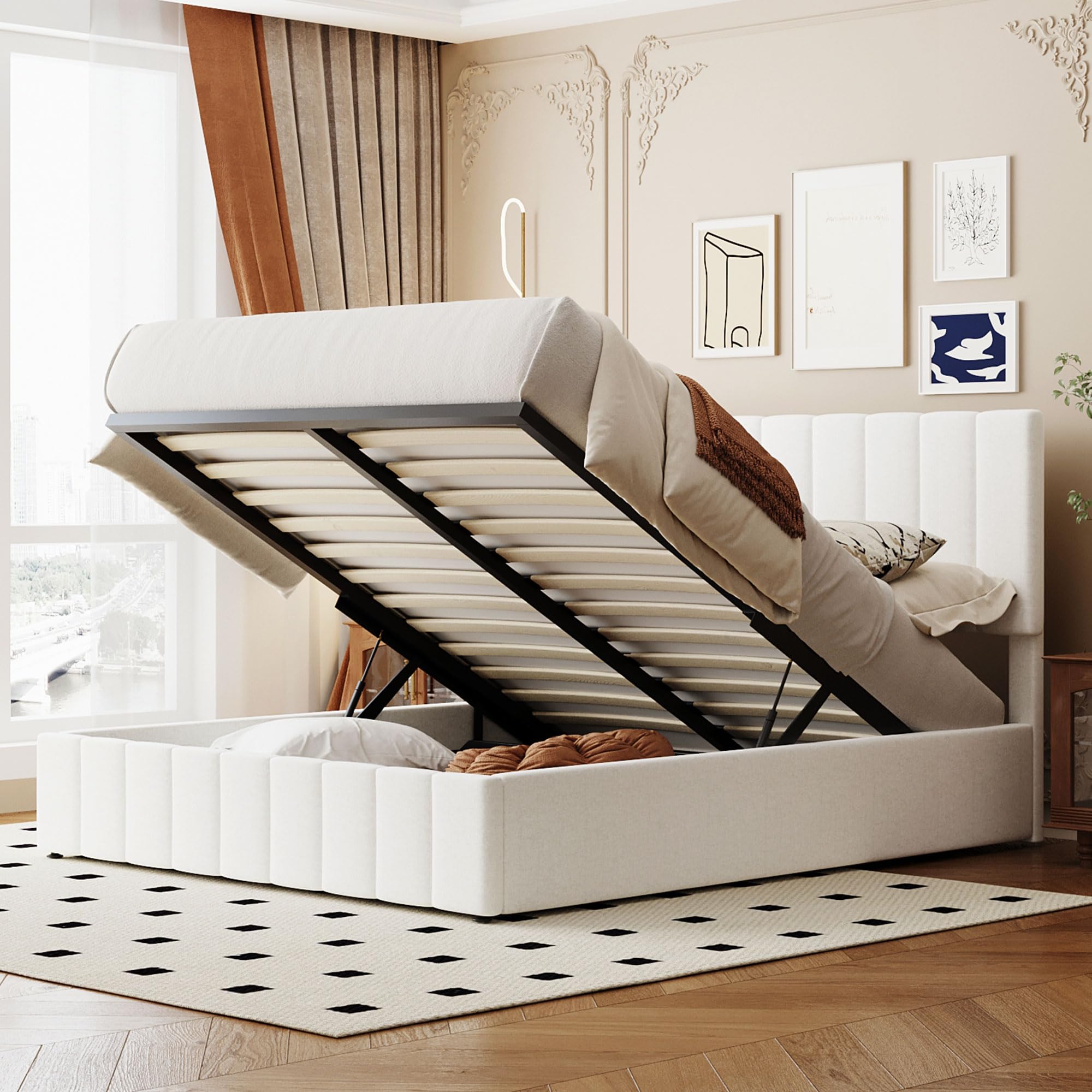 Harper & Bright Designs Queen Platform Bed with Gas Lift Storage, Upholstered Queen Bed Frame with Tufted Headboard, Wood Platform Bed with Hydraulic Storage System (White)