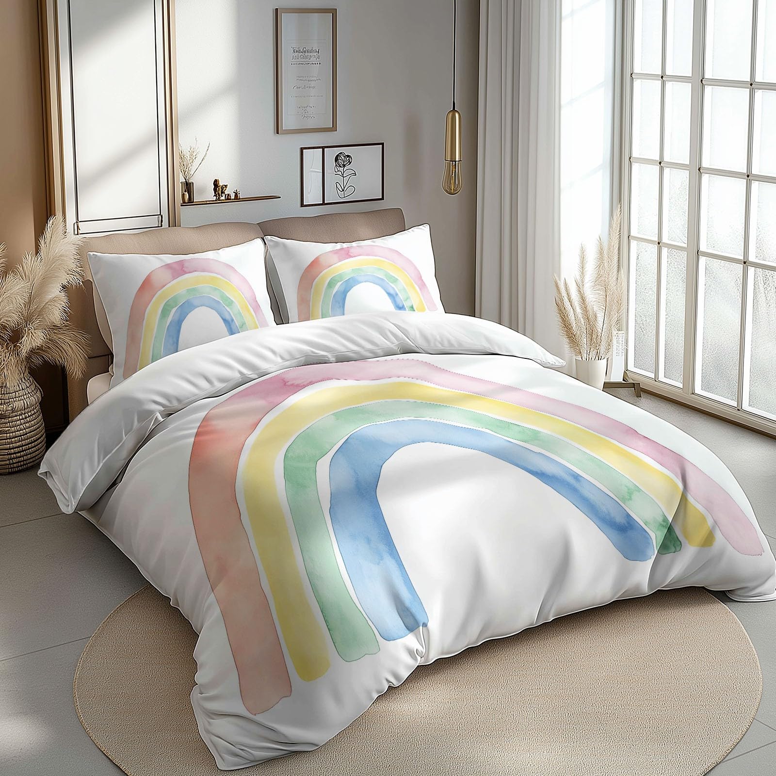 Zestaw poszewek na kołdrę 200 x 200 cm tęczowa akwarela kreskówka zestaw pościeli 2-osobowej i 2 poszewki na poduszki 65x65 cm, 100% komplet pościeli z mikrofibry z zamkiem błyskawicznym, biały