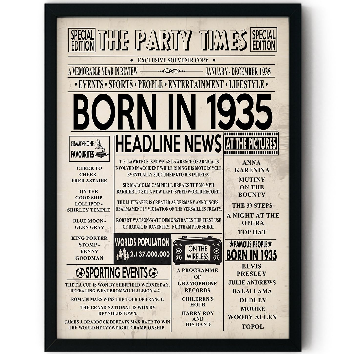 Stuff4 Men's 1935 91St Birthday Poster Framed - Born In Newspaper - Happy 91St Birthday Gifts For Wo Vintage Retro Back In 8X10 Inch Bday Party Decor Decoration