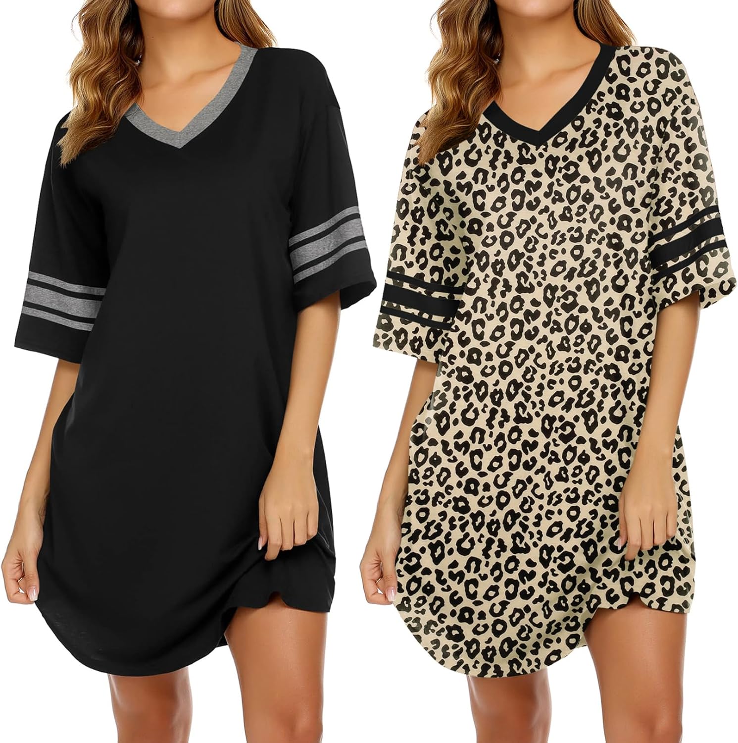 Ekouaer Nightgowns for Women 2 Pack Sleepshirts Short Sleeve Nightshirt V Neck Sleepwear Casual Pajama Dress