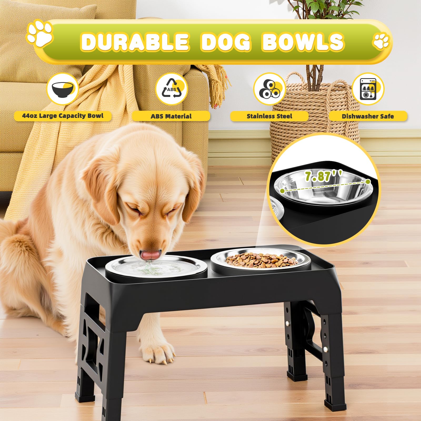Gamelles surélevées pour chien à 5 hauteurs réglables en hauteur avec 2 gamelles de nourriture pour chien en acier inoxydable - Support antidérapant - Réglable à 9 cm, 22,9 cm, 25,4 cm, 27,9 cm, 30,8