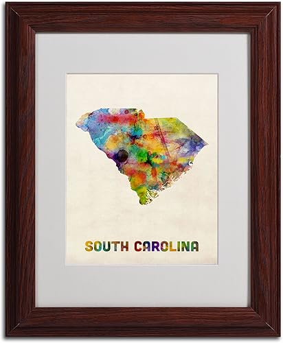 Miniatura 2 de Trademark Fine Art Mapa de Carolina del Sur enmarcada enmarcada por Michael Tompsett en marco de madera, 11 x 14 pulgadas